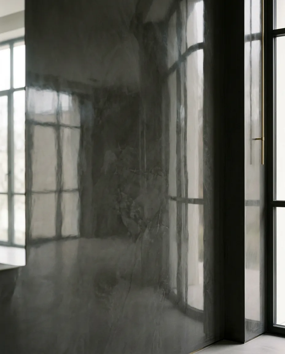 Stuc poli à la surface parfaitement lisse, reflétant la lumière comme un miroir mat
