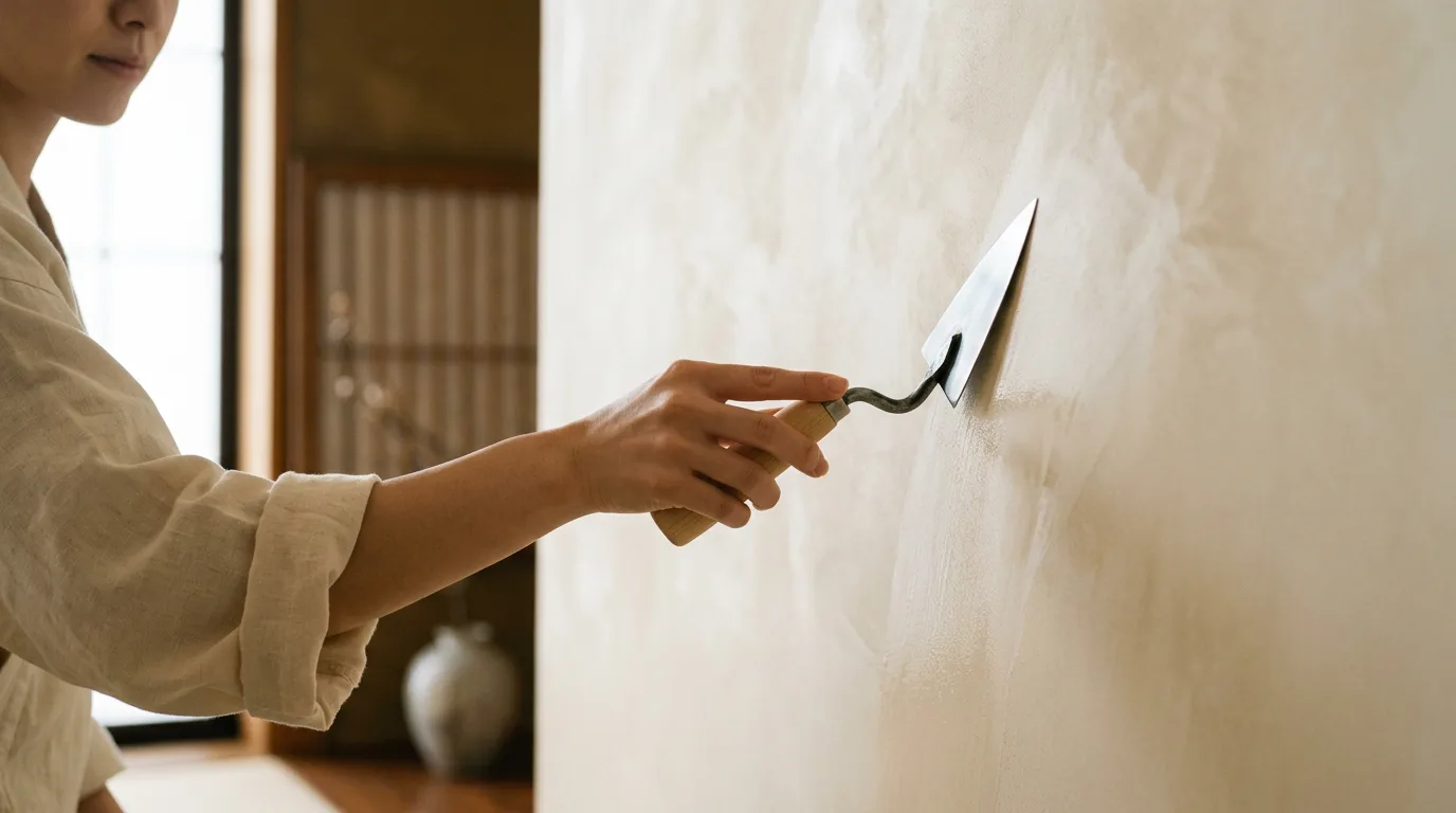Main de femme lissant un enduit frais à la spatule japonaise