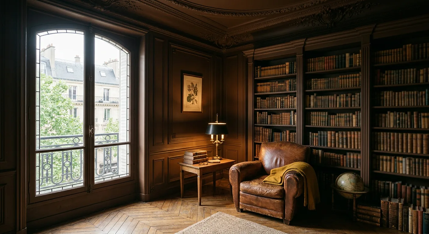 Bibliothèque haussmannienne entièrement peinte en brun tabac mat, moulures comprises