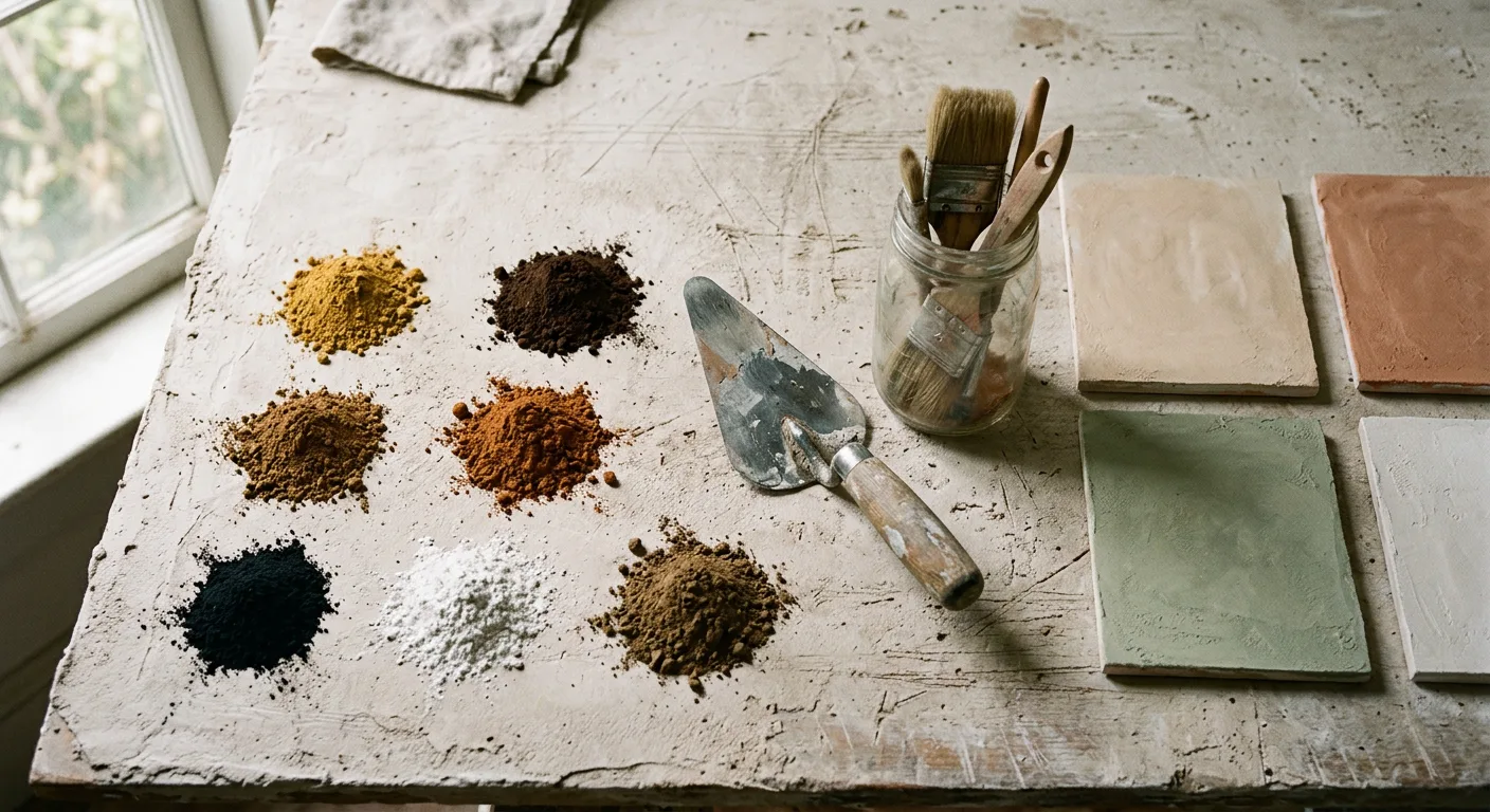 Pigments naturels, échantillons d’enduits et taloche sur l’établi de l’atelier