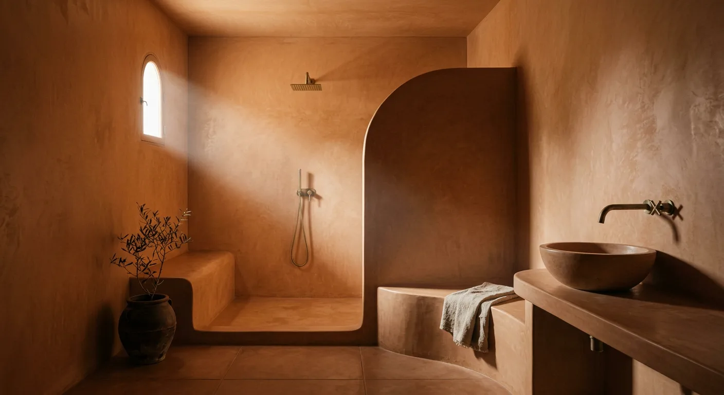 Salle de bain entièrement en tadelakt terre cuite, vasque et douche sculptées
